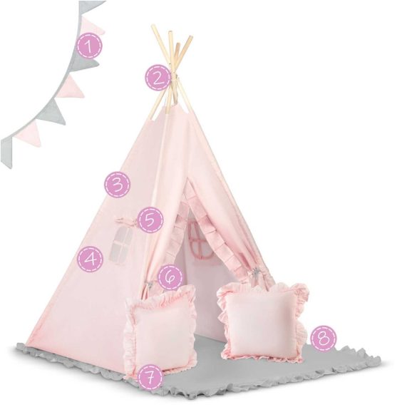 Gyereksátor, Nukido NK-406 Tipi, 116 x 116 x 165 cm, rózsaszín, 2 párna, vastag csúszásgátlós matrac, stabilizátor, fenyőfa rudak