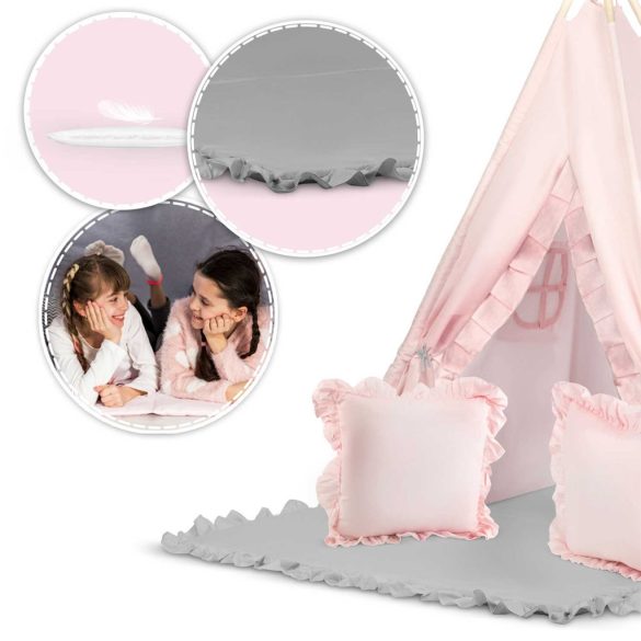 Gyereksátor, Nukido NK-406 Tipi, 116 x 116 x 165 cm, rózsaszín, 2 párna, vastag csúszásgátlós matrac, stabilizátor, fenyőfa rudak