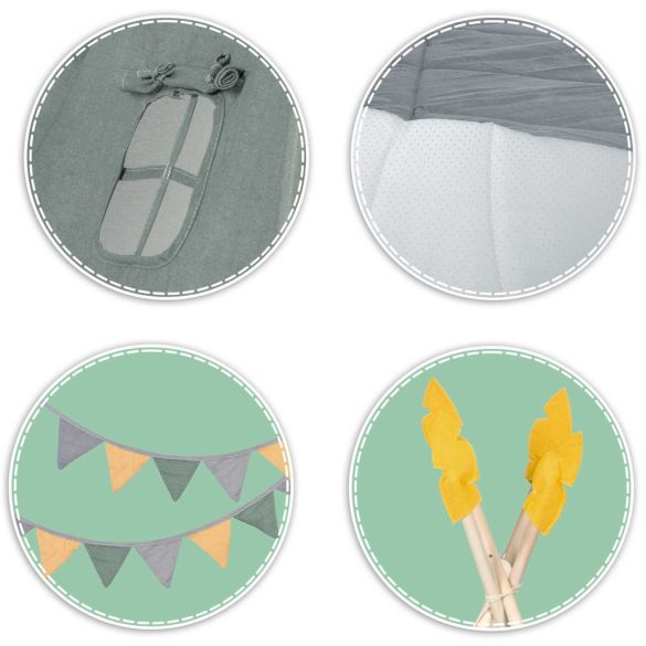 Gyereksátor, Nukido NK-406 Tipi, 116 x 116 x 165 cm, zöld, 3 párna, vastag csúszásgátlós matrac, stabilizátor, fenyőfa rudak