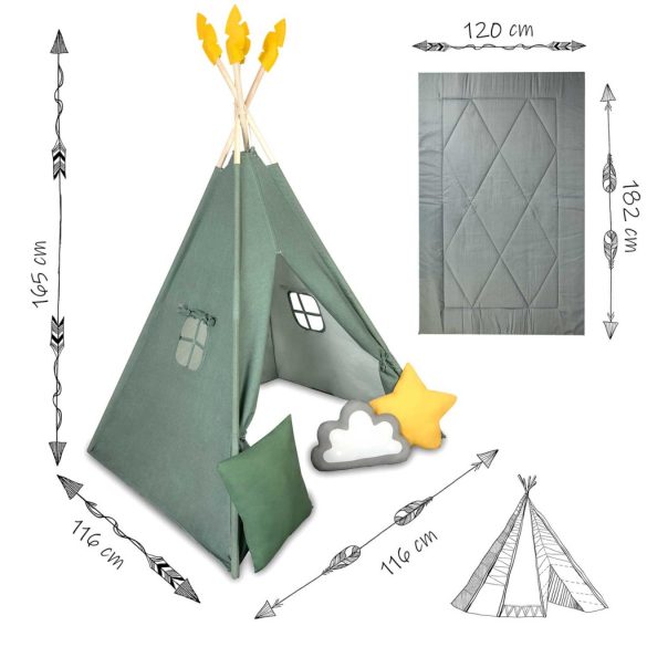 Gyereksátor, Nukido NK-406 Tipi, 116 x 116 x 165 cm, zöld, 3 párna, vastag csúszásgátlós matrac, stabilizátor, fenyőfa rudak