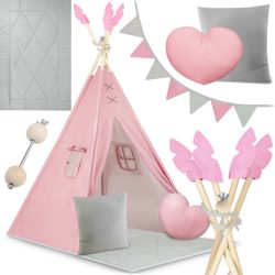   Gyereksátor, Nukido NK-406 Tipi, 116 x 116 x 165 cm, pink, 2 párna, vastag csúszásgátlós matrac, stabilizátor, fenyőfa rudak