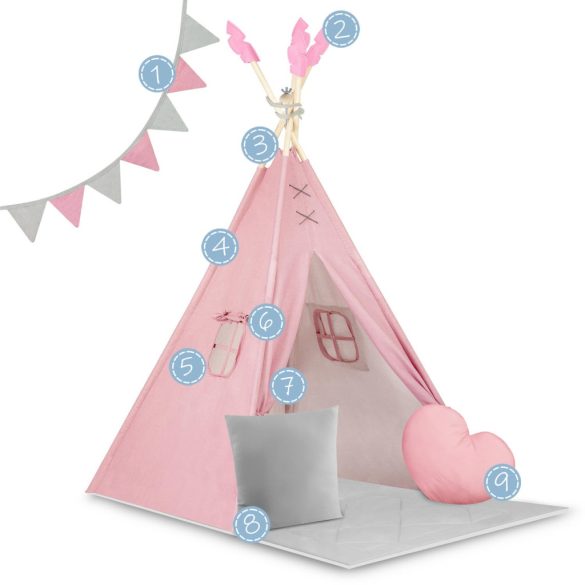Gyereksátor, Nukido NK-406 Tipi, 116 x 116 x 165 cm, pink, 2 párna, vastag csúszásgátlós matrac, stabilizátor, fenyőfa rudak