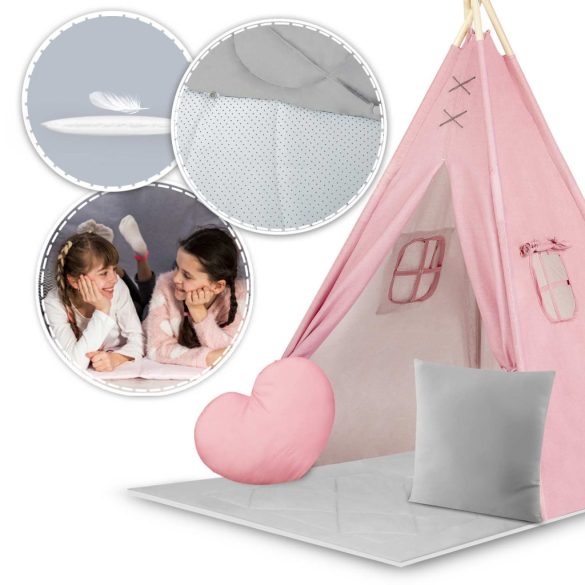 Gyereksátor, Nukido NK-406 Tipi, 116 x 116 x 165 cm, pink, 2 párna, vastag csúszásgátlós matrac, stabilizátor, fenyőfa rudak
