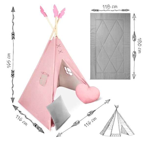 Gyereksátor, Nukido NK-406 Tipi, 116 x 116 x 165 cm, pink, 2 párna, vastag csúszásgátlós matrac, stabilizátor, fenyőfa rudak