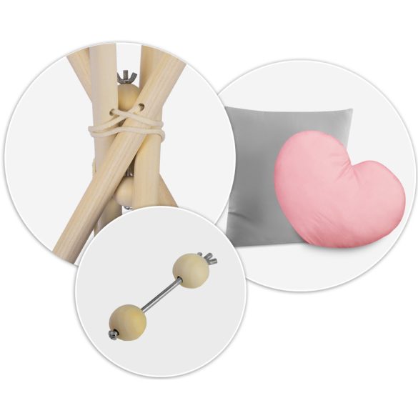 Gyereksátor, Nukido NK-406 Tipi, 116 x 116 x 165 cm, pink, 2 párna, vastag csúszásgátlós matrac, stabilizátor, fenyőfa rudak