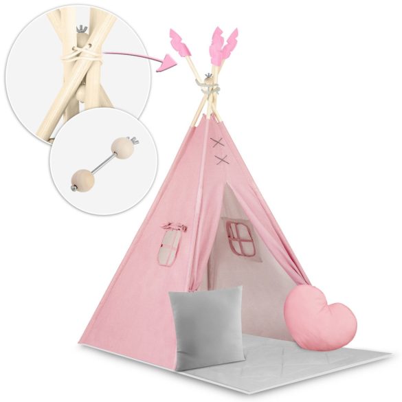Gyereksátor, Nukido NK-406 Tipi, 116 x 116 x 165 cm, pink, 2 párna, vastag csúszásgátlós matrac, stabilizátor, fenyőfa rudak