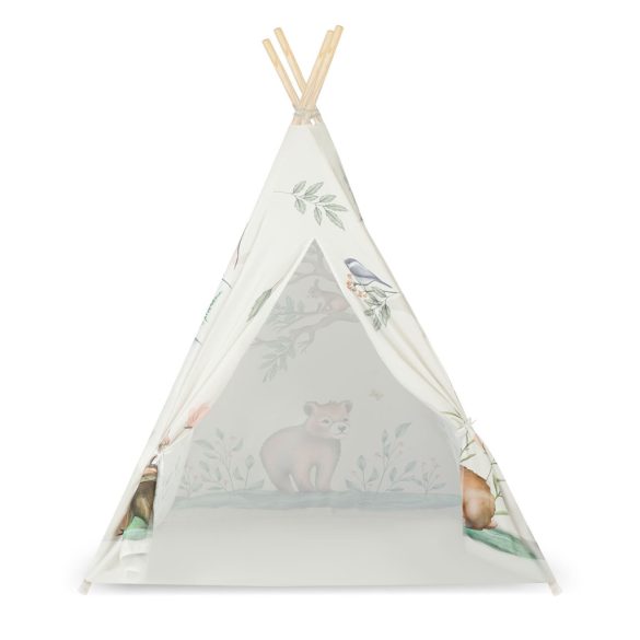 Gyereksátor, Nukido Tipi, Nyuszis minta, 114 × 114 × 165 cm, bézs, stabilizátorral, nyuszis párnával, fenyőfa rudak, könnyen összeszerelhető