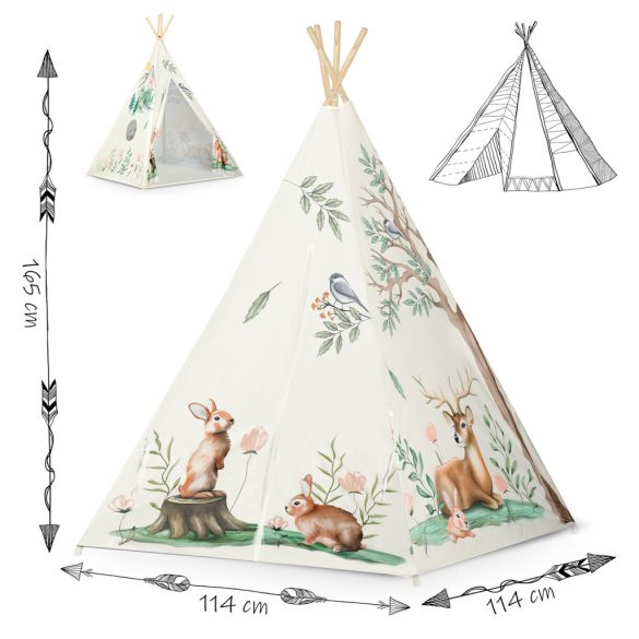 Gyereksátor, Nukido Tipi, Nyuszis minta, 114 × 114 × 165 cm, bézs, stabilizátorral, nyuszis párnával, fenyőfa rudak, könnyen összeszerelhető