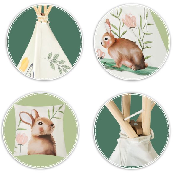 Gyereksátor, Nukido Tipi, Nyuszis minta, 114 × 114 × 165 cm, bézs, stabilizátorral, nyuszis párnával, fenyőfa rudak, könnyen összeszerelhető