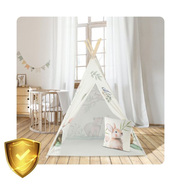 Gyereksátor, Nukido Tipi, Nyuszis minta, 114 × 114 × 165 cm, bézs, stabilizátorral, nyuszis párnával, fenyőfa rudak, könnyen összeszerelhető