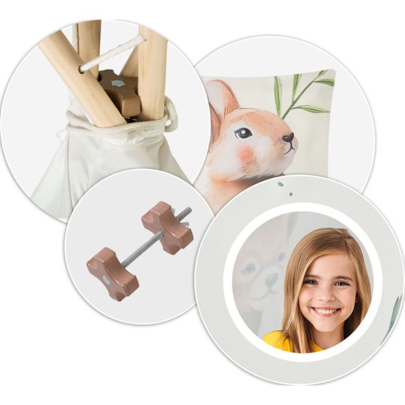 Gyereksátor, Nukido Tipi, Nyuszis minta, 114 × 114 × 165 cm, bézs, stabilizátorral, nyuszis párnával, fenyőfa rudak, könnyen összeszerelhető