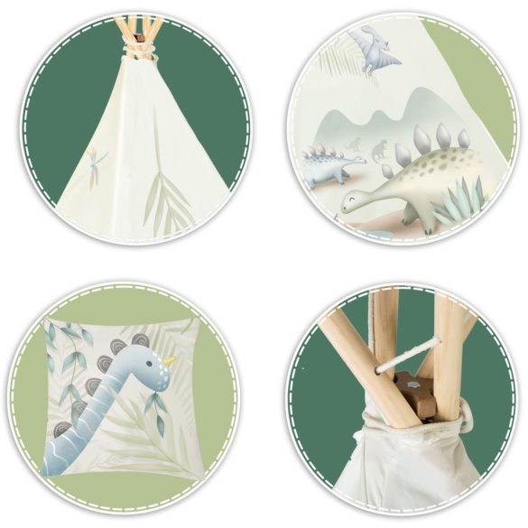 Gyereksátor, Nukido Tipi, Dinoszaurusz minta, 114 × 114 × 165 cm, stabilizátorral és vastag párnával, ablakos, poliészter huzat, fenyőfa rudak, könnyen összeszerelhető