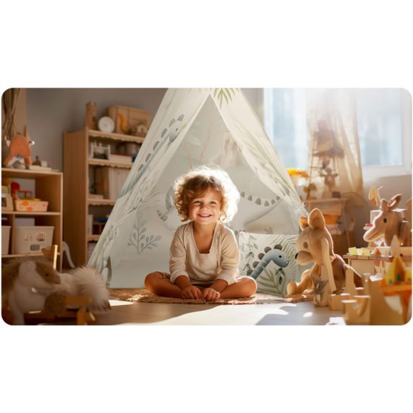 Gyereksátor, Nukido Tipi, Dinoszaurusz minta, 114 × 114 × 165 cm, stabilizátorral és vastag párnával, ablakos, poliészter huzat, fenyőfa rudak, könnyen összeszerelhető