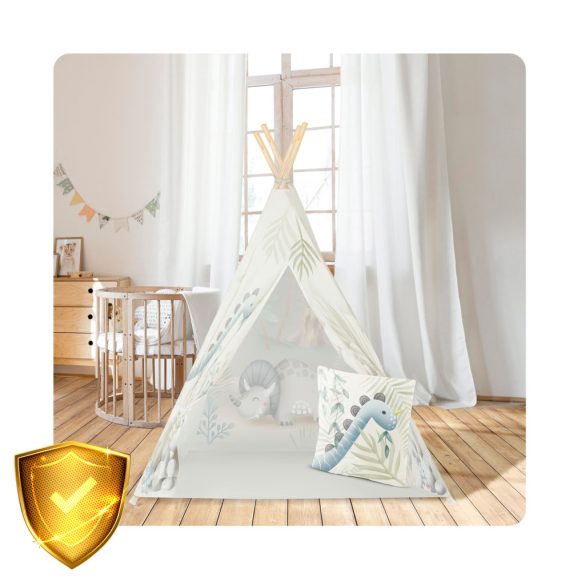 Gyereksátor, Nukido Tipi, Dinoszaurusz minta, 114 × 114 × 165 cm, stabilizátorral és vastag párnával, ablakos, poliészter huzat, fenyőfa rudak, könnyen összeszerelhető