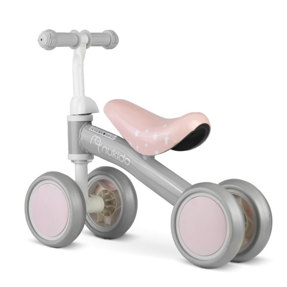 Négykerekű futóbicikli, Nukido NK-600, rózsaszín, EVA habkerekek 14 cm, acél váz, ülésmagasság: 27 cm, puha ülés, gumírozott markolat