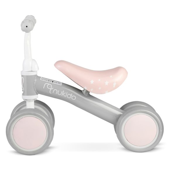 Négykerekű futóbicikli, Nukido NK-600, rózsaszín, EVA habkerekek 14 cm, acél váz, ülésmagasság: 27 cm, puha ülés, gumírozott markolat