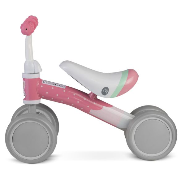 Négykerekű futóbicikli, Nukido NK-600, fehér/rózsaszín, EVA habkerekek 14 cm, acél váz, ülésmagasság: 27 cm, puha ülés, gumírozott markolat