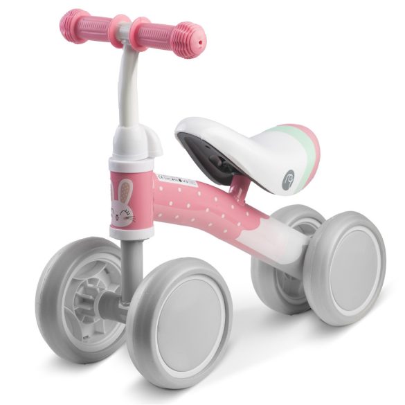 Négykerekű futóbicikli, Nukido NK-600, fehér/rózsaszín, EVA habkerekek 14 cm, acél váz, ülésmagasság: 27 cm, puha ülés, gumírozott markolat