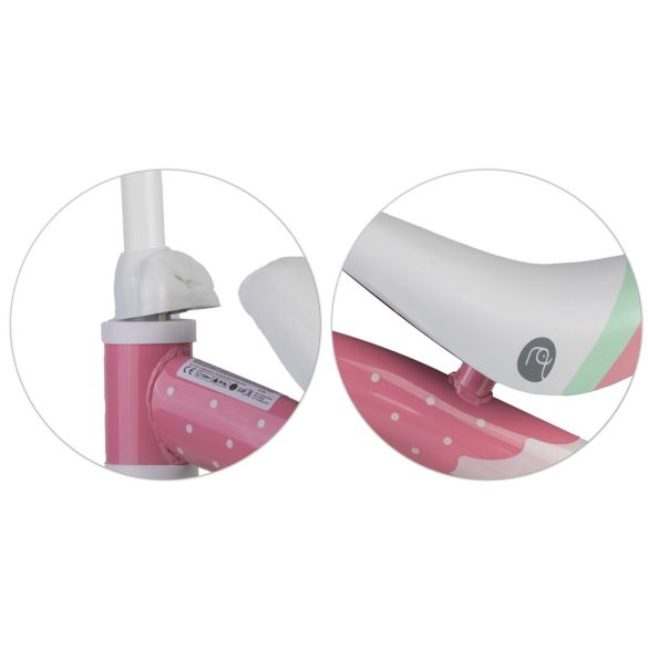 Négykerekű futóbicikli, Nukido NK-600, fehér/rózsaszín, EVA habkerekek 14 cm, acél váz, ülésmagasság: 27 cm, puha ülés, gumírozott markolat