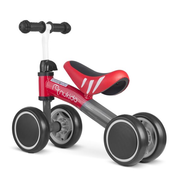 Négykerekű futóbicikli, Nukido NK-600, piros/szürke, EVA habkerekek 14 cm, acél váz, ülésmagasság: 27 cm, puha ülés, gumírozott markolat