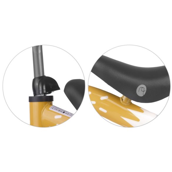 Négykerekű futóbicikli, Nukido NK-600, sárga, EVA habkerekek 14 cm, acél váz, ülésmagasság: 27 cm, puha ülés, gumírozott markolat