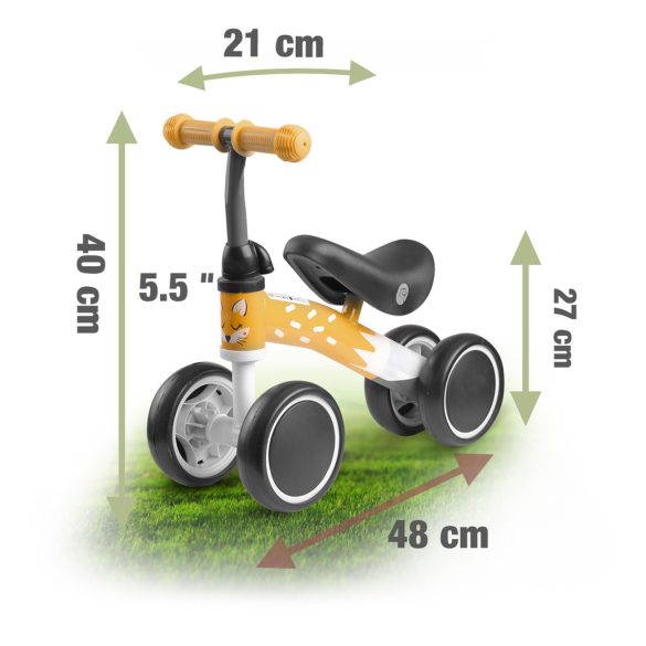 Négykerekű futóbicikli, Nukido NK-600, sárga, EVA habkerekek 14 cm, acél váz, ülésmagasság: 27 cm, puha ülés, gumírozott markolat
