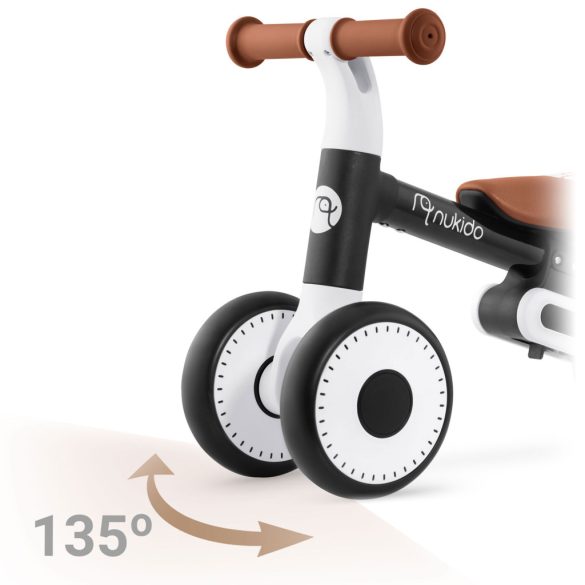 Háromkerekű futóbicikli, Nukido NK-603, fekete, EVA habkerekek 15 cm, állítható ülésmagasság 25–28 cm, kormányfordulás határoló, 12 hónapos kortól