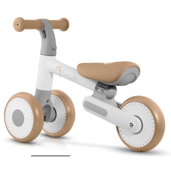 Háromkerekű futóbicikli, Nukido NK-603, bézs, EVA habkerekek 15 cm, állítható ülésmagasság 25–28 cm, kormányfordulás határoló, 12 hónapos kortól