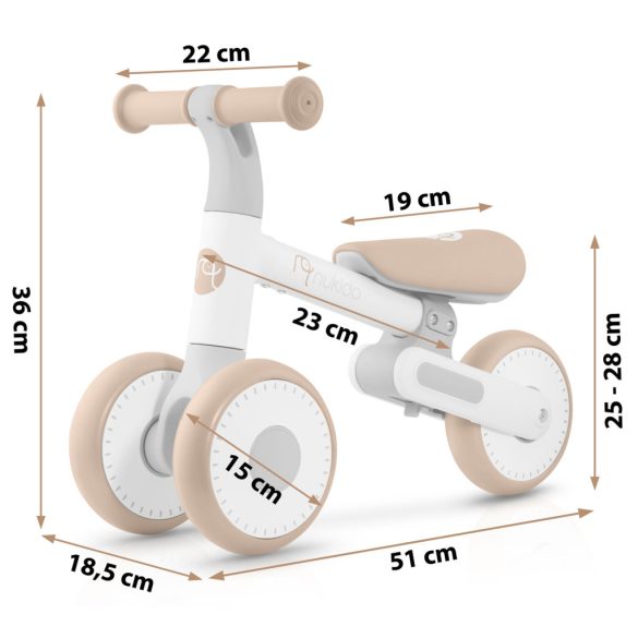 Háromkerekű futóbicikli, Nukido NK-603, bézs, EVA habkerekek 15 cm, állítható ülésmagasság 25–28 cm, kormányfordulás határoló, 12 hónapos kortól