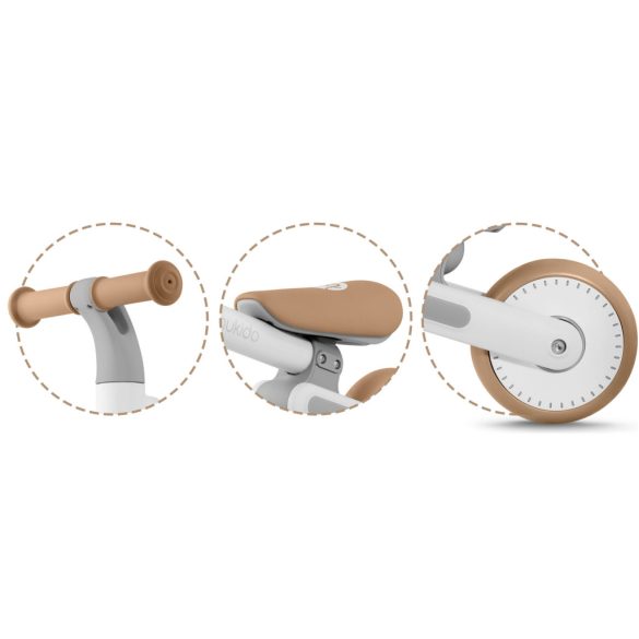 Háromkerekű futóbicikli, Nukido NK-603, bézs, EVA habkerekek 15 cm, állítható ülésmagasság 25–28 cm, kormányfordulás határoló, 12 hónapos kortól