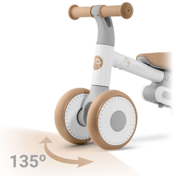 Háromkerekű futóbicikli, Nukido NK-603, bézs, EVA habkerekek 15 cm, állítható ülésmagasság 25–28 cm, kormányfordulás határoló, 12 hónapos kortól