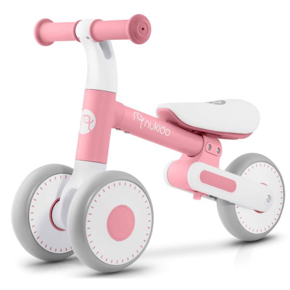 Háromkerekű futóbicikli, Nukido NK-603, rózsaszín, EVA habkerekek 15 cm, állítható ülésmagasság 25–28 cm, kormányfordulás határoló, 12 hónapos kortól