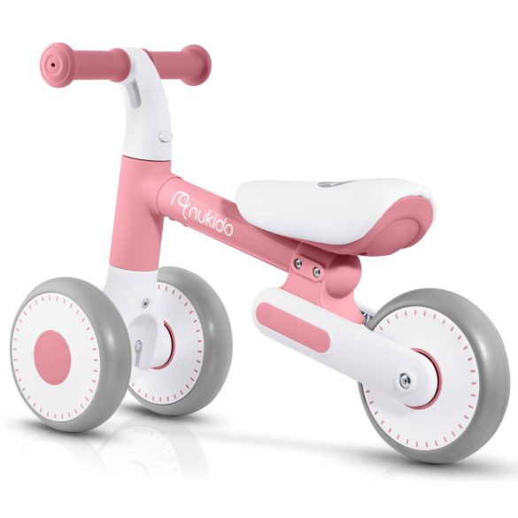 Háromkerekű futóbicikli, Nukido NK-603, rózsaszín, EVA habkerekek 15 cm, állítható ülésmagasság 25–28 cm, kormányfordulás határoló, 12 hónapos kortól