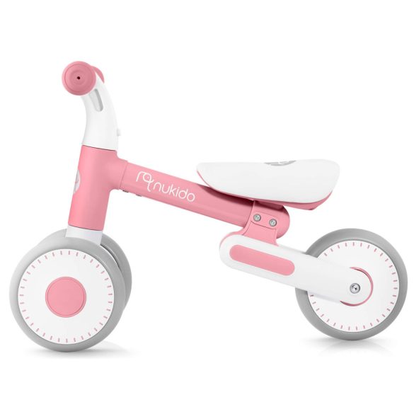 Háromkerekű futóbicikli, Nukido NK-603, rózsaszín, EVA habkerekek 15 cm, állítható ülésmagasság 25–28 cm, kormányfordulás határoló, 12 hónapos kortól