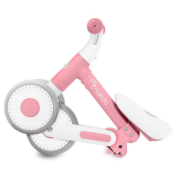 Háromkerekű futóbicikli, Nukido NK-603, rózsaszín, EVA habkerekek 15 cm, állítható ülésmagasság 25–28 cm, kormányfordulás határoló, 12 hónapos kortól