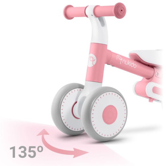 Háromkerekű futóbicikli, Nukido NK-603, rózsaszín, EVA habkerekek 15 cm, állítható ülésmagasság 25–28 cm, kormányfordulás határoló, 12 hónapos kortól
