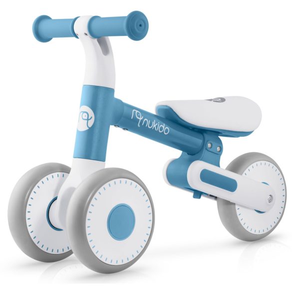 Háromkerekű futóbicikli, Nukido NK-603, kék, EVA habkerekek 15 cm, állítható ülésmagasság 25–28 cm, kormányfordulás határoló, 12 hónapos kortól