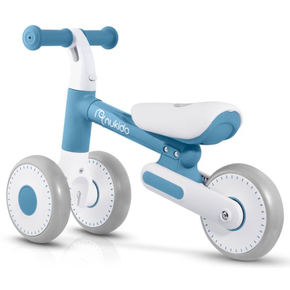 Háromkerekű futóbicikli, Nukido NK-603, kék, EVA habkerekek 15 cm, állítható ülésmagasság 25–28 cm, kormányfordulás határoló, 12 hónapos kortól