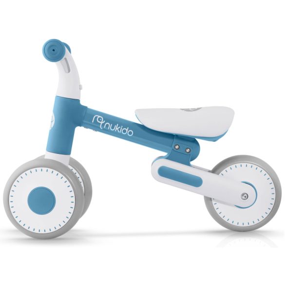 Háromkerekű futóbicikli, Nukido NK-603, kék, EVA habkerekek 15 cm, állítható ülésmagasság 25–28 cm, kormányfordulás határoló, 12 hónapos kortól