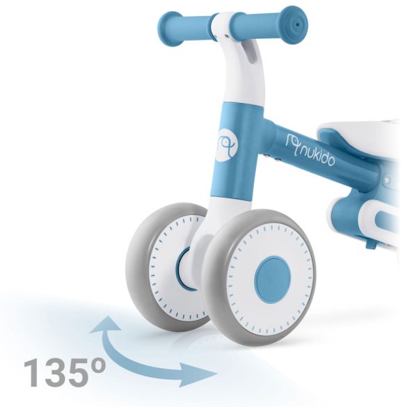 Háromkerekű futóbicikli, Nukido NK-603, kék, EVA habkerekek 15 cm, állítható ülésmagasság 25–28 cm, kormányfordulás határoló, 12 hónapos kortól