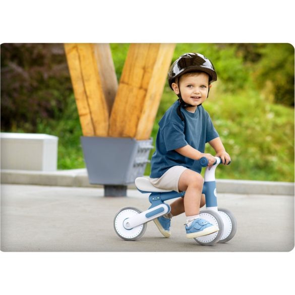 Háromkerekű futóbicikli, Nukido NK-603, kék, EVA habkerekek 15 cm, állítható ülésmagasság 25–28 cm, kormányfordulás határoló, 12 hónapos kortól