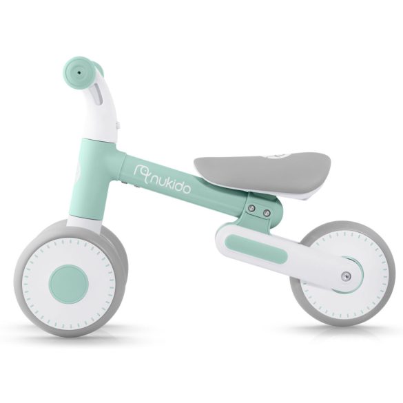 Háromkerekű futóbicikli, Nukido NK-603, türkiz, EVA habkerekek 15 cm, állítható ülésmagasság 25–28 cm, kormányfordulás határoló, 12 hónapos kortól