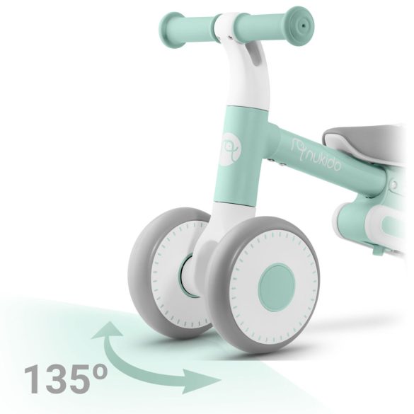 Háromkerekű futóbicikli, Nukido NK-603, türkiz, EVA habkerekek 15 cm, állítható ülésmagasság 25–28 cm, kormányfordulás határoló, 12 hónapos kortól