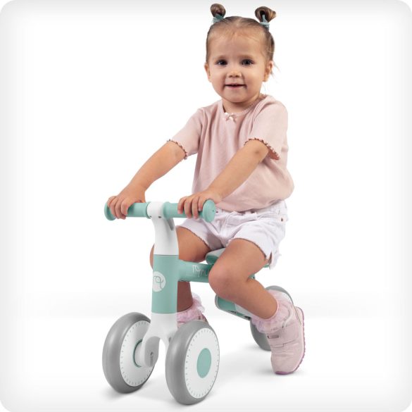 Háromkerekű futóbicikli, Nukido NK-603, türkiz, EVA habkerekek 15 cm, állítható ülésmagasság 25–28 cm, kormányfordulás határoló, 12 hónapos kortól