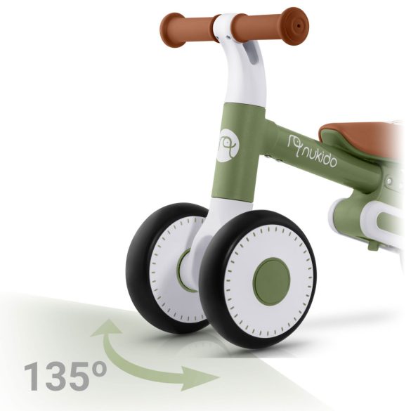 Háromkerekű futóbicikli, Nukido NK-603, zöld, EVA habkerekek 15 cm, állítható ülésmagasság 25–28 cm, kormányfordulás határoló, 12 hónapos kortól