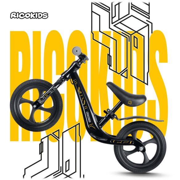 Kétkerekű futóbicikli, Ricokids Funnu, fekete, magnézium váz, EVA habkerekek 29 cm, állítható ülésmagasság 35-42 cm, gumírozott markolatok ütközőkkel, könnyű