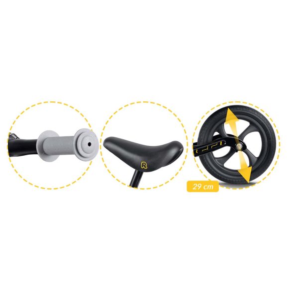 Kétkerekű futóbicikli, Ricokids Funnu, fekete, magnézium váz, EVA habkerekek 29 cm, állítható ülésmagasság 35-42 cm, gumírozott markolatok ütközőkkel, könnyű