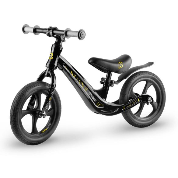 Kétkerekű futóbicikli, Ricokids Funnu, fekete, magnézium váz, EVA habkerekek 29 cm, állítható ülésmagasság 35-42 cm, gumírozott markolatok ütközőkkel, könnyű