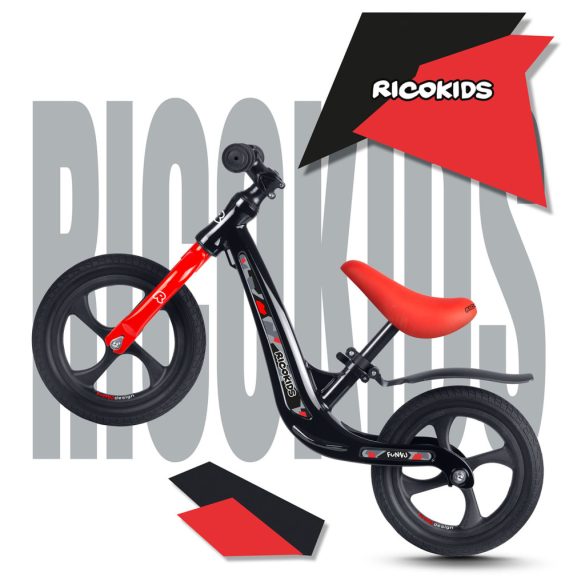 Kétkerekű futóbicikli, Ricokids Funnu, fekete/piros, magnézium váz, EVA habkerekek 29 cm, állítható ülésmagasság 35-42 cm, gumírozott markolatok ütközőkkel, könnyű