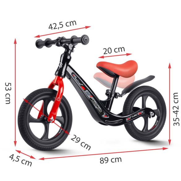 Kétkerekű futóbicikli, Ricokids Funnu, fekete/piros, magnézium váz, EVA habkerekek 29 cm, állítható ülésmagasság 35-42 cm, gumírozott markolatok ütközőkkel, könnyű